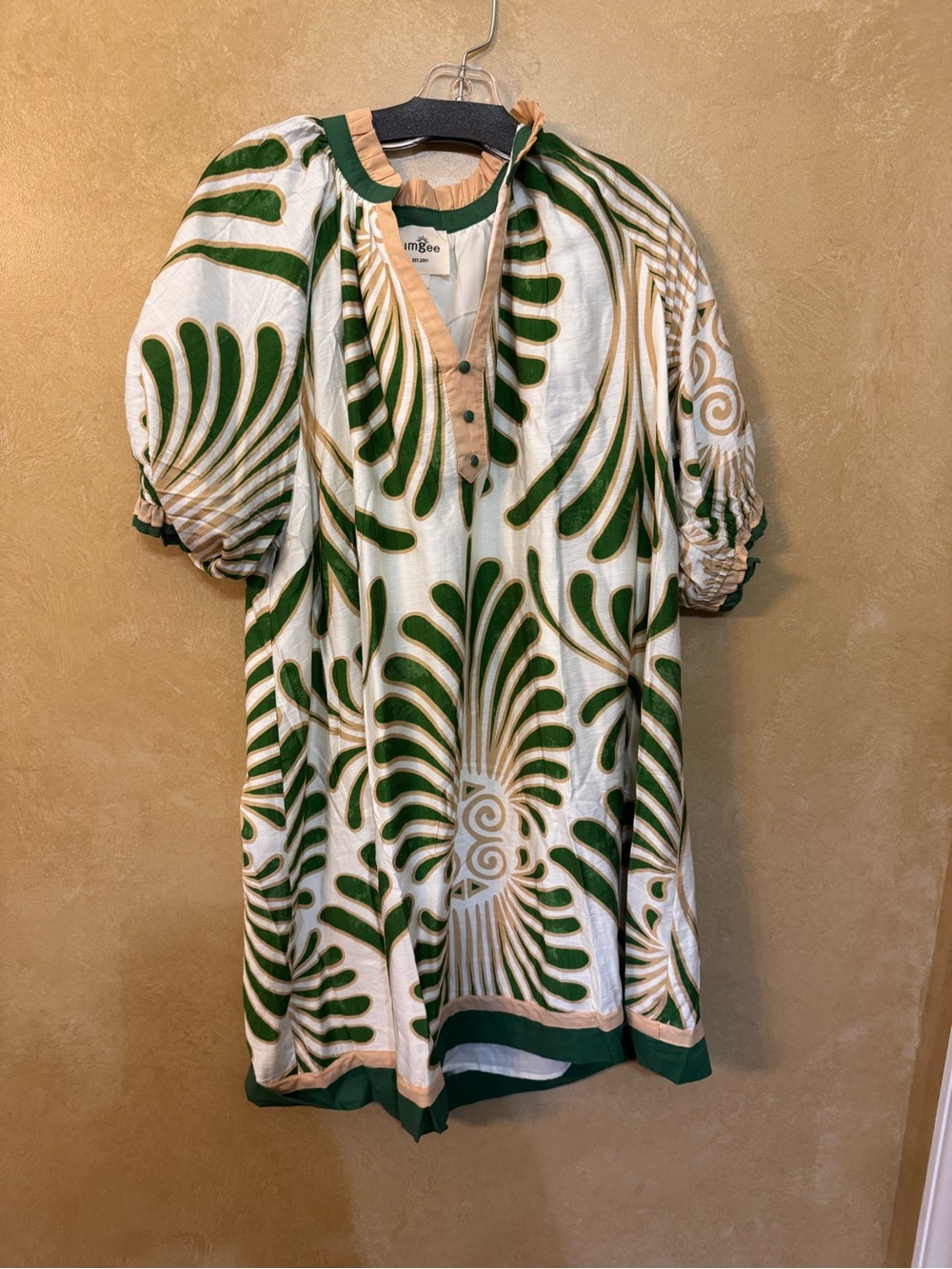 Umgee White, Green & Cream Botanical Puff-Sleeve Mini Dress